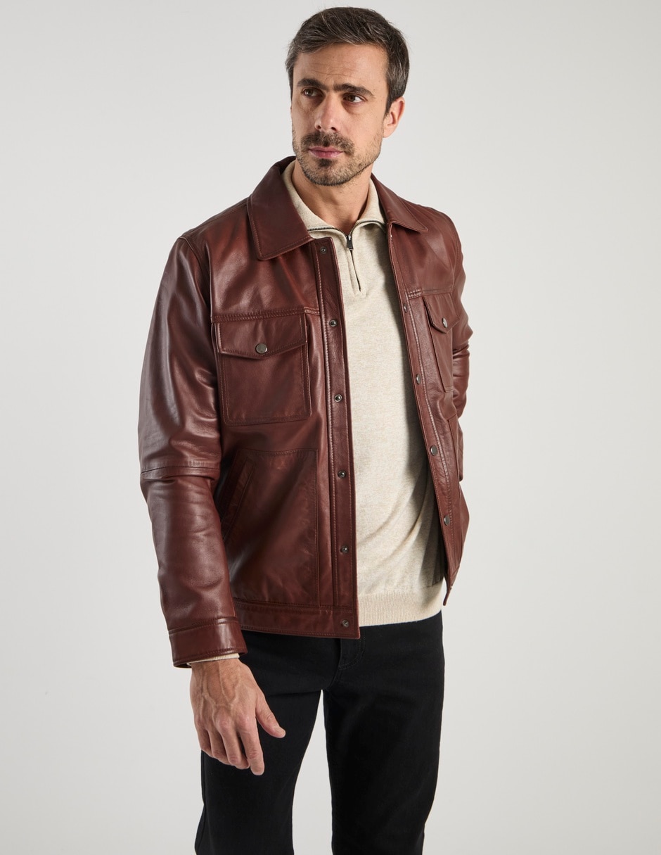Chamarra bomber Calderoni de piel con bolsillos para hombre