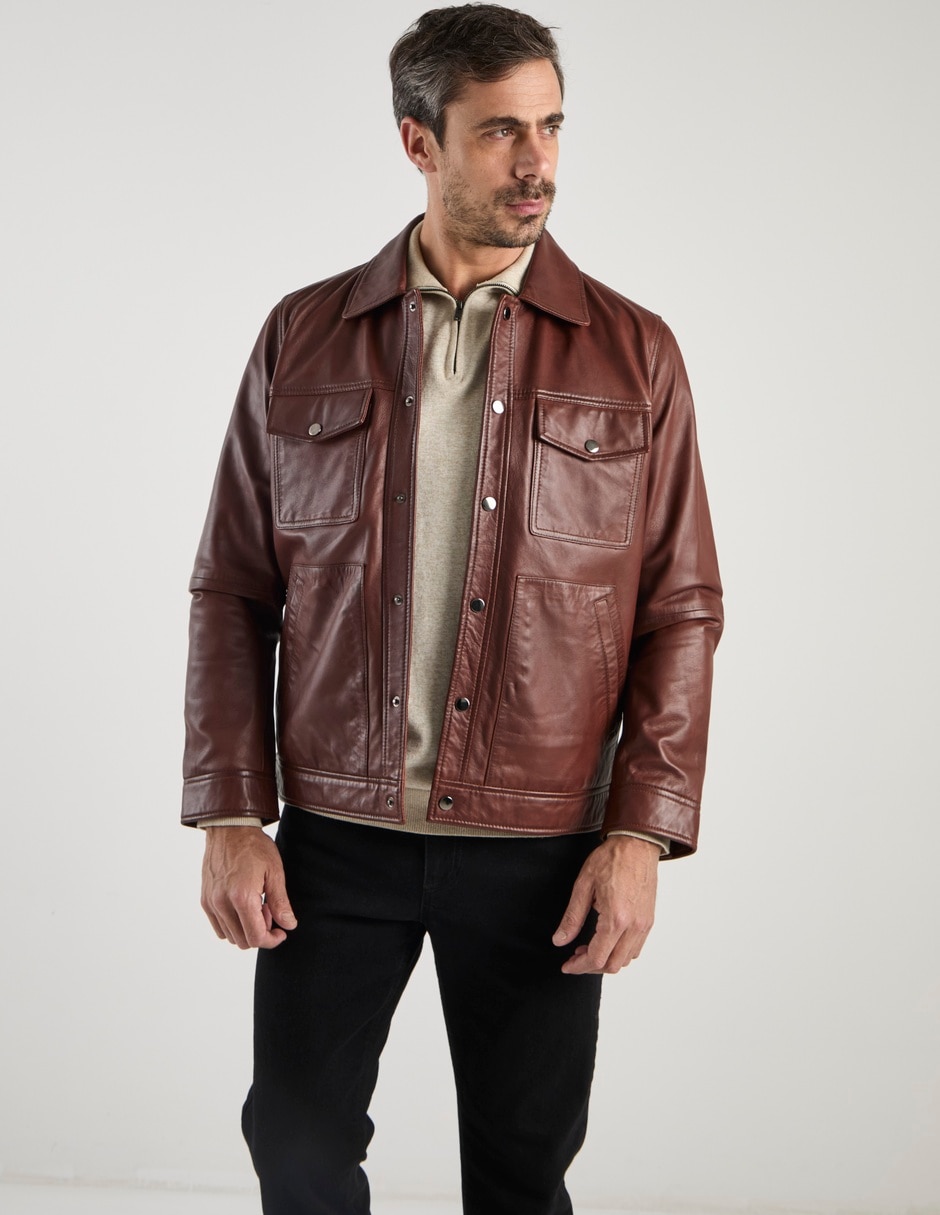Chamarra bomber Calderoni de piel con bolsillos para hombre