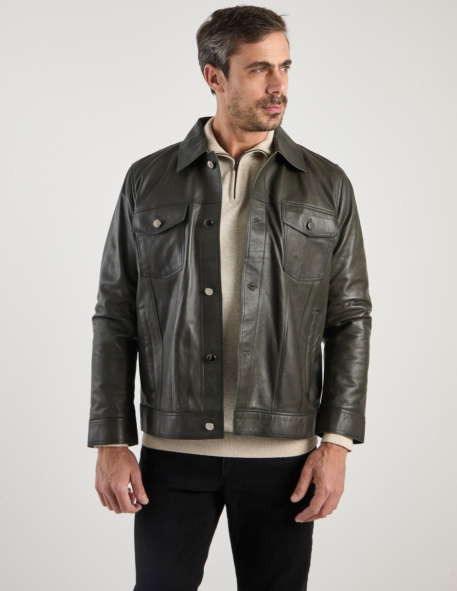 Chamarra casual Calderoni de piel con bolsillos para hombre