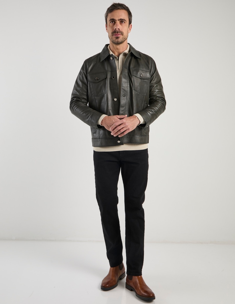 Chamarra casual Calderoni de piel con bolsillos para hombre