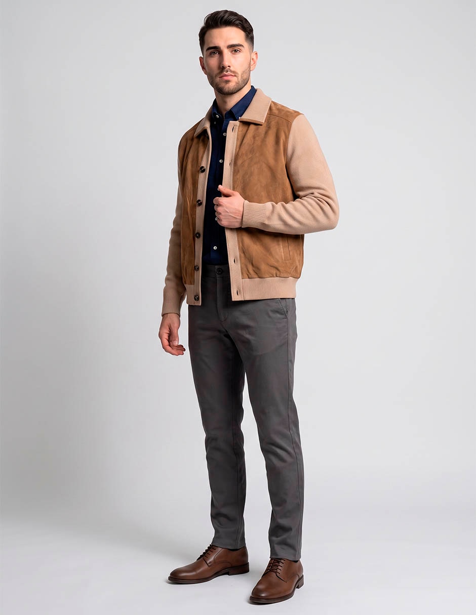 Chamarra bomber de piel con bolsillos para hombre Chamarra bomber de piel con bolsillos para hombre